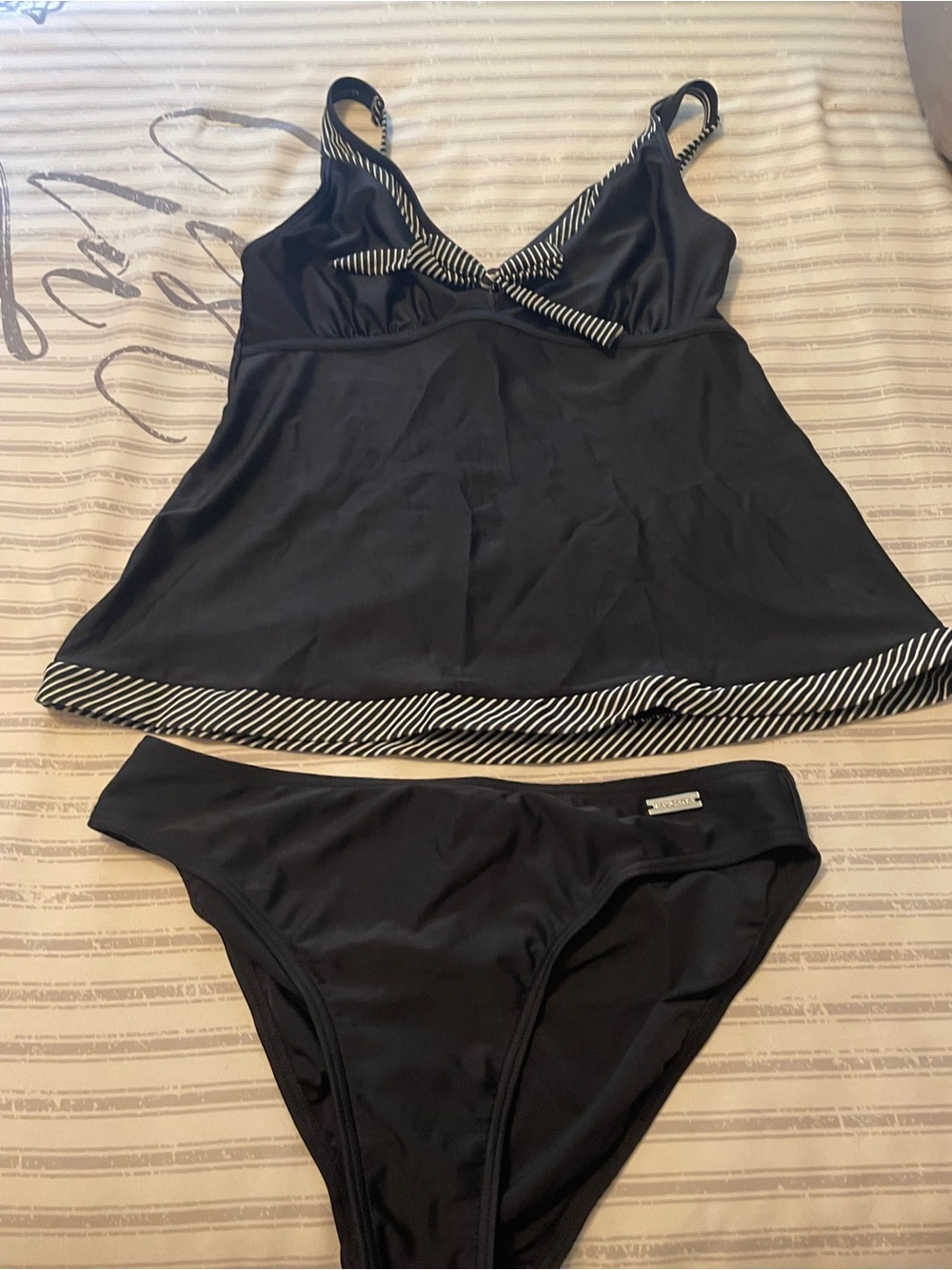 Classic Black Stripe-Trim Bandeau Tankini Set